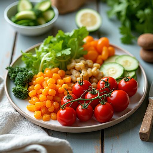 신선한 채소와 과일이 담긴 건강한 식사