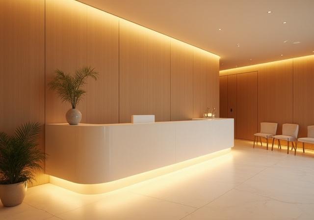 따뜻한 조명의 미니멀한 로비와 리셉션 데스크